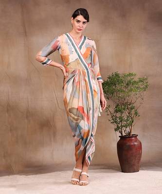 Multi Colour Conversational Printed Overlap Drape Dress 1