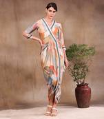 Multi Colour Conversational Printed Overlap Drape Dress