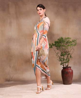 Multi Colour Conversational Printed Overlap Drape Dress 2