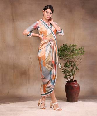 Multi Colour Conversational Printed Overlap Drape Dress 3