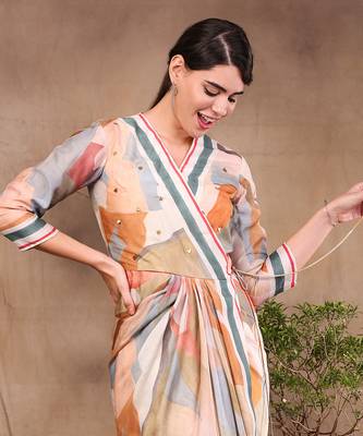 Multi Colour Conversational Printed Overlap Drape Dress 4