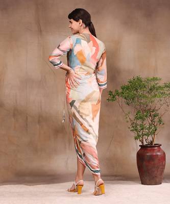 Multi Colour Conversational Printed Overlap Drape Dress 5