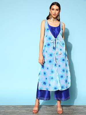 Royal-blue printed art silk long-kurtis 2