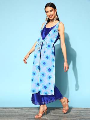 Royal-blue printed art silk long-kurtis 3