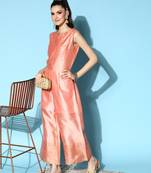 Peach plain art silk long-kurtis