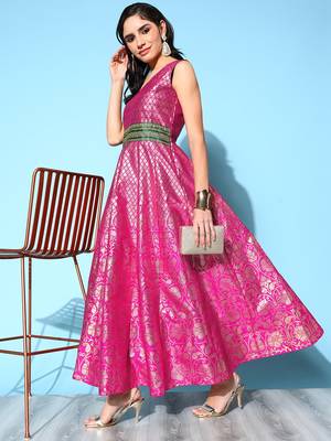 Pink printed art silk long-kurtis 1