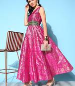 Pink printed art silk long-kurtis