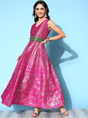 Pink printed art silk long-kurtis 2