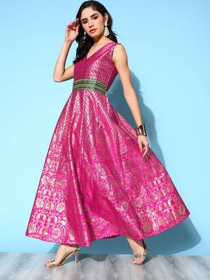 Pink printed art silk long-kurtis 3