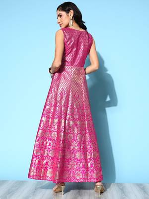 Pink printed art silk long-kurtis 4