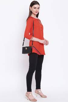 Orange embroidered rayon short-kurtis