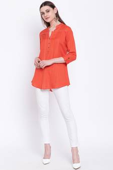 Orange embroidered rayon short-kurtis