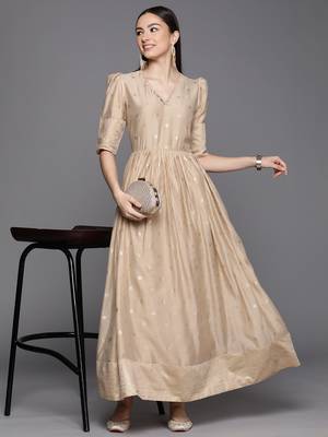 Beige printed chanderi long-kurtis 1