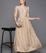 Beige printed chanderi long-kurtis