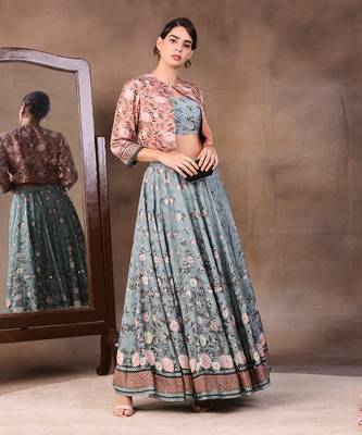 Green vintage Trails Printed Skirt Set With Embroidered Jacket 1