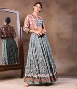Green vintage Trails Printed Skirt Set With Embroidered Jacket