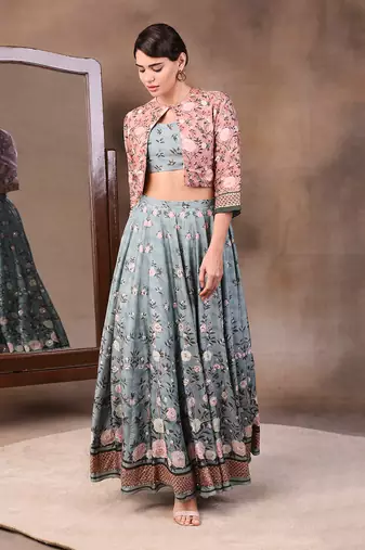 Green vintage Trails Printed Skirt Set With Embroidered Jacket