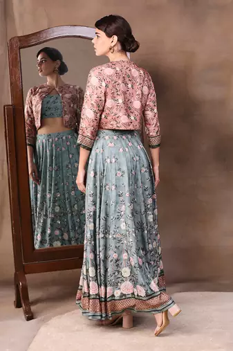 Green vintage Trails Printed Skirt Set With Embroidered Jacket