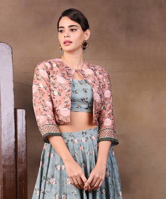 Green vintage Trails Printed Skirt Set With Embroidered Jacket 4