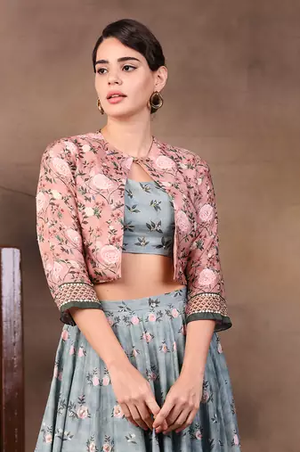 Green vintage Trails Printed Skirt Set With Embroidered Jacket