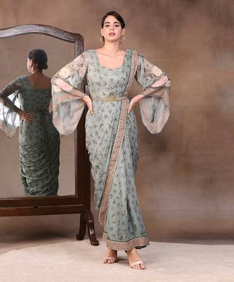 Green vintage Trails Printed Pre-Stitched Saree Dress With Metal Belt 1
