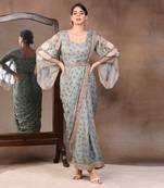Green vintage Trails Printed Pre-Stitched Saree Dress With Metal Belt