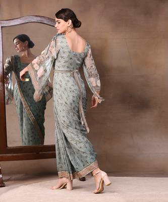Green vintage Trails Printed Pre-Stitched Saree Dress With Metal Belt 2