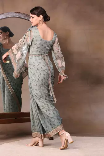 Green vintage Trails Printed Pre-Stitched Saree Dress With Metal Belt