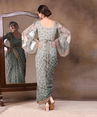 Green vintage Trails Printed Pre-Stitched Saree Dress With Metal Belt 3