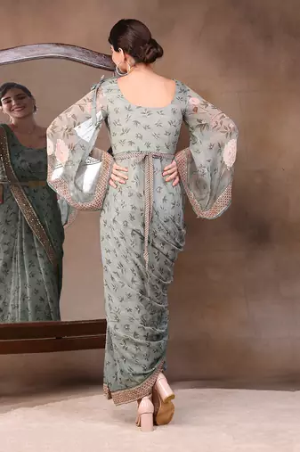 Green vintage Trails Printed Pre-Stitched Saree Dress With Metal Belt