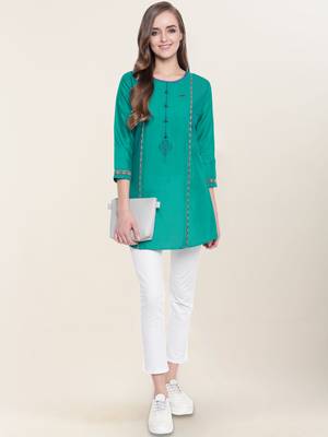 Green embroidered cotton short-kurtis 1