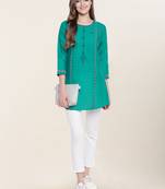 Green embroidered cotton short-kurtis