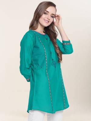 Green embroidered cotton short-kurtis 3