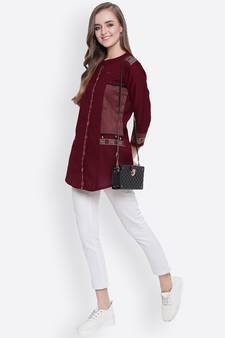Maroon embroidered cotton short-kurtis