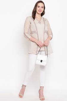 Beige embroidered silk short-kurtis