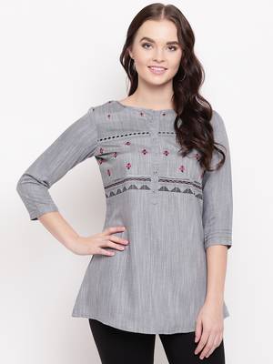 Grey embroidered cotton short-kurtis 1