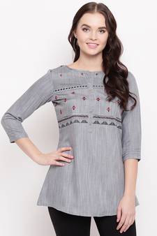 Grey embroidered cotton short-kurtis