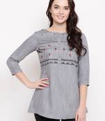Grey embroidered cotton short-kurtis