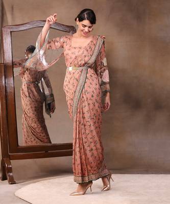 Peach vintage Trails Printed Pre-Stitched Saree Dress With Metal Belt 1