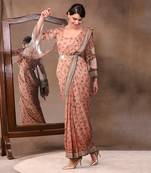 Peach vintage Trails Printed Pre-Stitched Saree Dress With Metal Belt