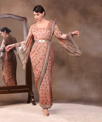 Peach vintage Trails Printed Pre-Stitched Saree Dress With Metal Belt 2