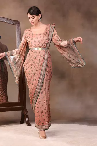 Peach vintage Trails Printed Pre-Stitched Saree Dress With Metal Belt