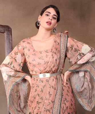 Peach vintage Trails Printed Pre-Stitched Saree Dress With Metal Belt 3