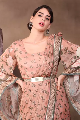 Peach vintage Trails Printed Pre-Stitched Saree Dress With Metal Belt