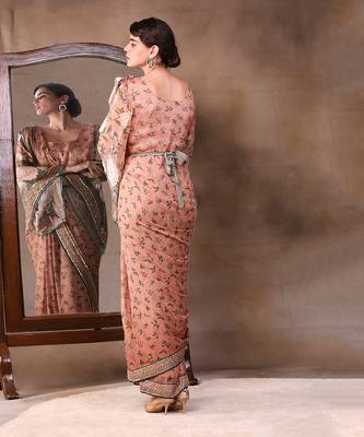 Peach vintage Trails Printed Pre-Stitched Saree Dress With Metal Belt 4