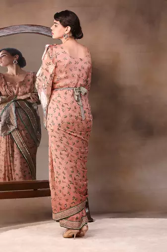 Peach vintage Trails Printed Pre-Stitched Saree Dress With Metal Belt