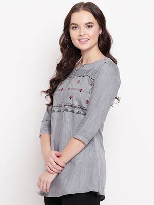 Grey embroidered cotton short-kurtis 3
