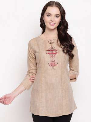 Brown embroidered cotton short-kurtis 1
