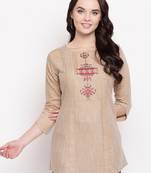 Brown embroidered cotton short-kurtis