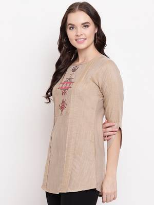 Brown embroidered cotton short-kurtis 3